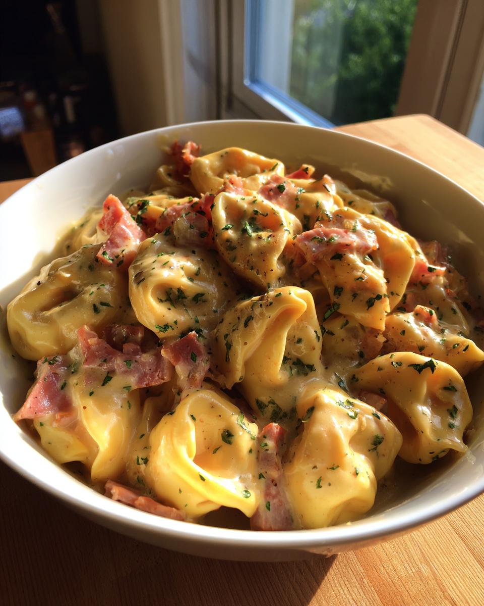 Eine Schüssel voller Tortellini in cremiger Schinken-Käse-Sauce, garniert mit Petersilie.
