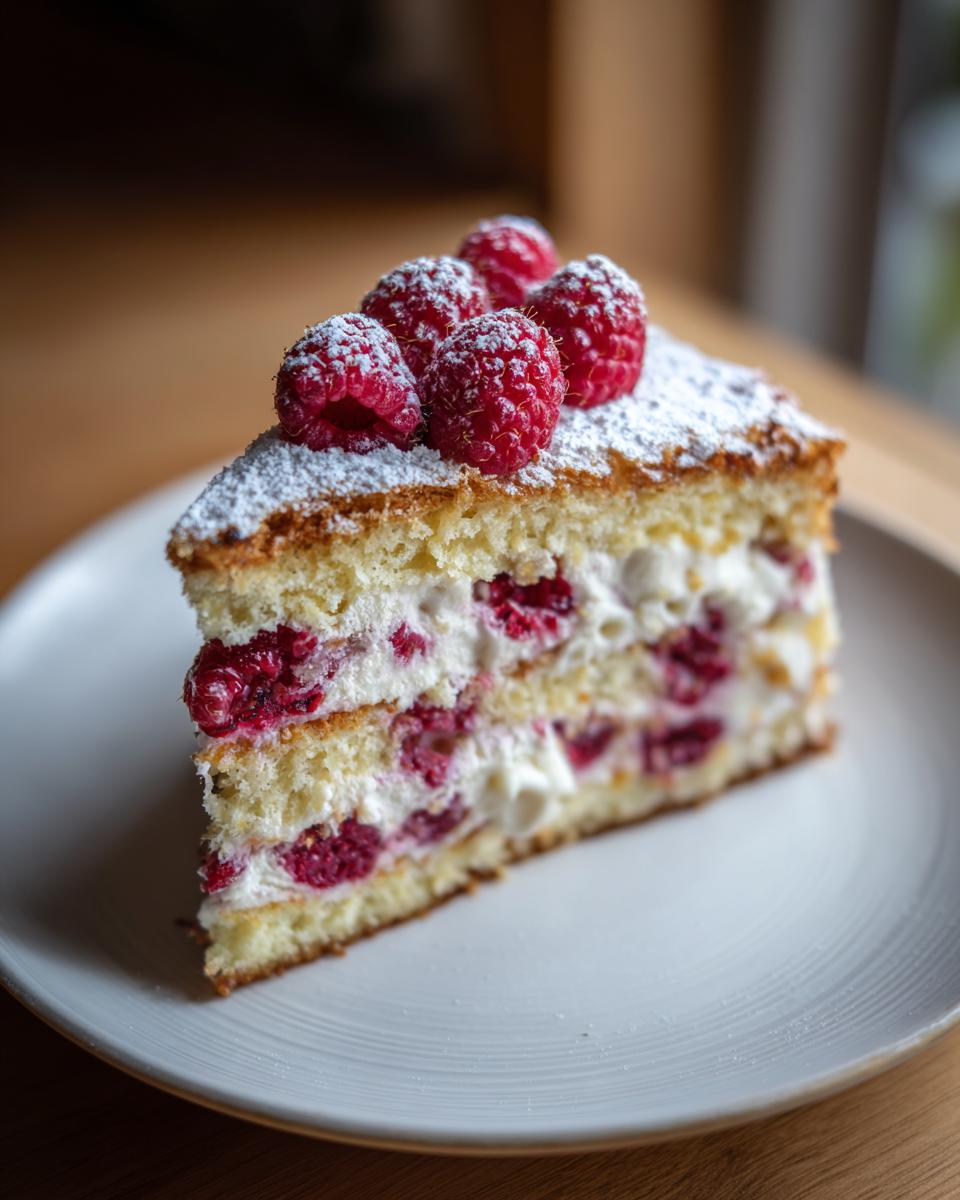 Ein Stück Traumkuchen mit weißer Schokolade und Himbeeren, dekoriert mit Puderzucker und frischen Himbeeren.