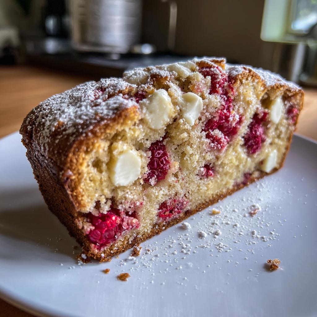 Ein Stück saftiger Traumkuchen mit weißer Schokolade und Himbeeren, bestäubt mit Puderzucker.