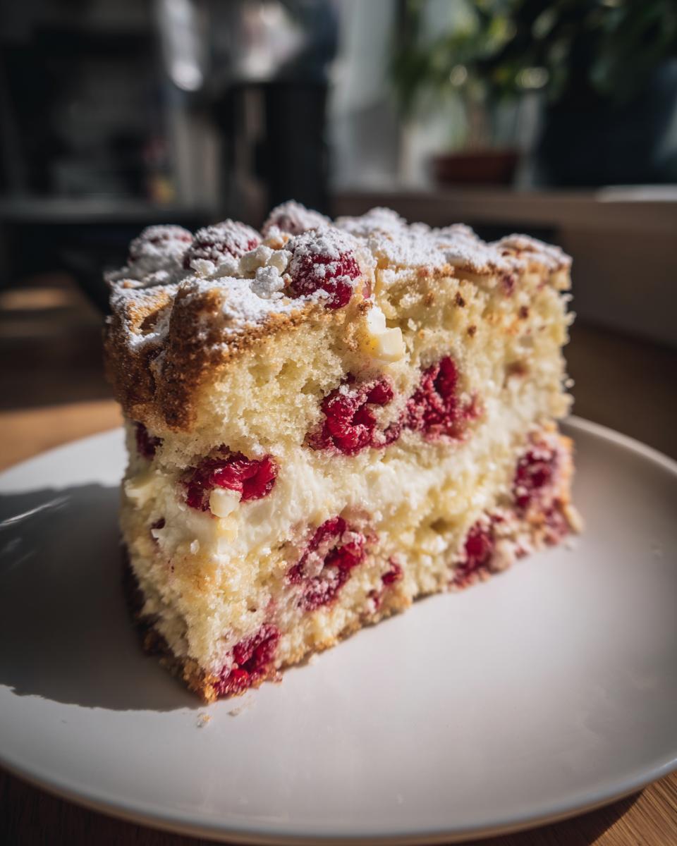 Ein Stück Traumkuchen mit weißer Schokolade und Himbeeren, bestäubt mit Puderzucker.