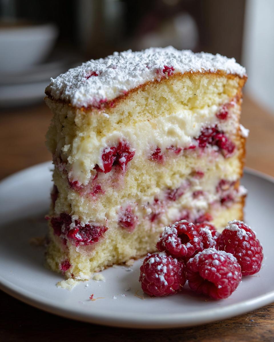 Ein Stück Traumkuchen mit weißer Schokolade und Himbeeren, bestäubt mit Puderzucker.