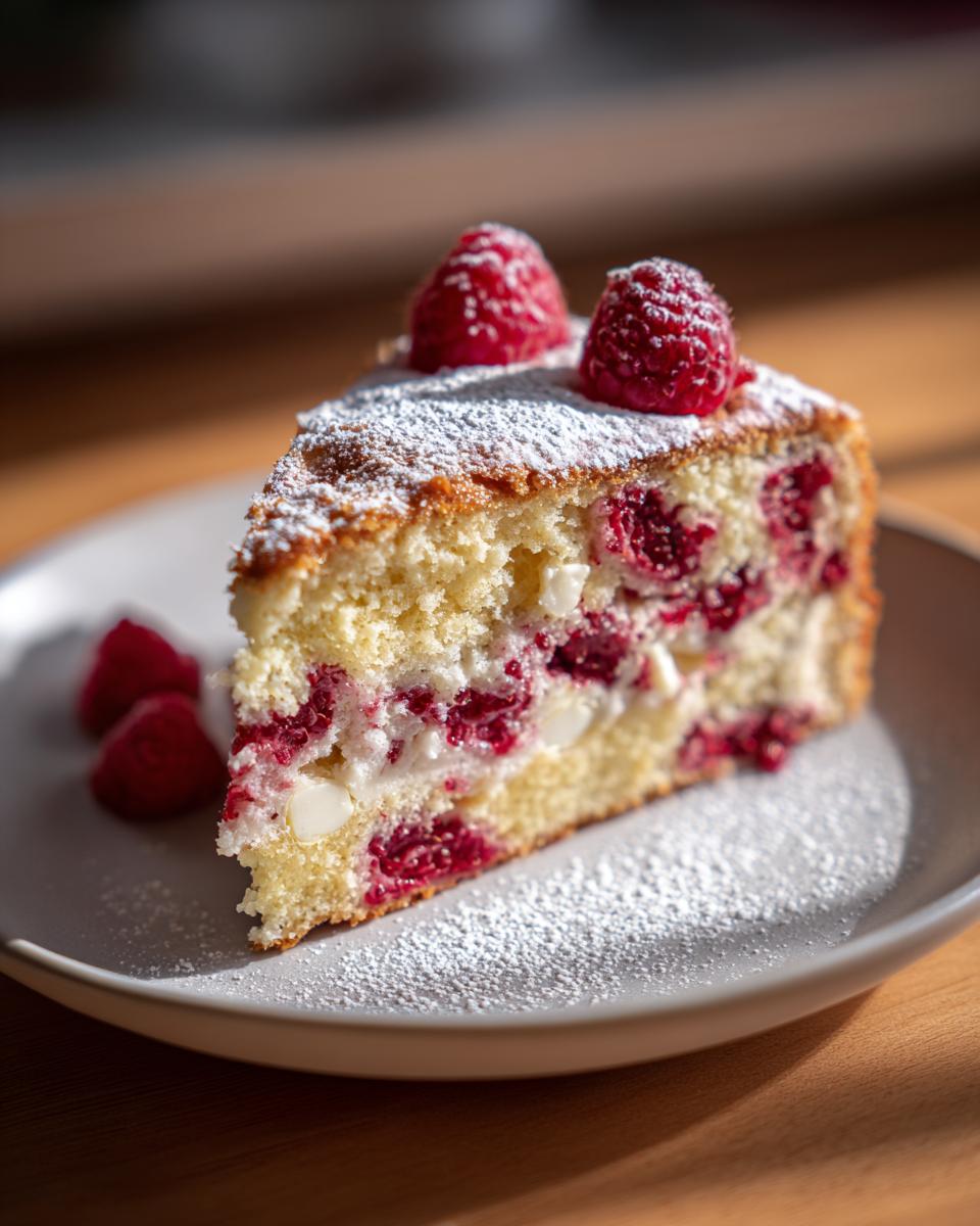 Ein saftiges Stück Traumkuchen mit weißer Schokolade und Himbeeren, bestäubt mit Puderzucker.