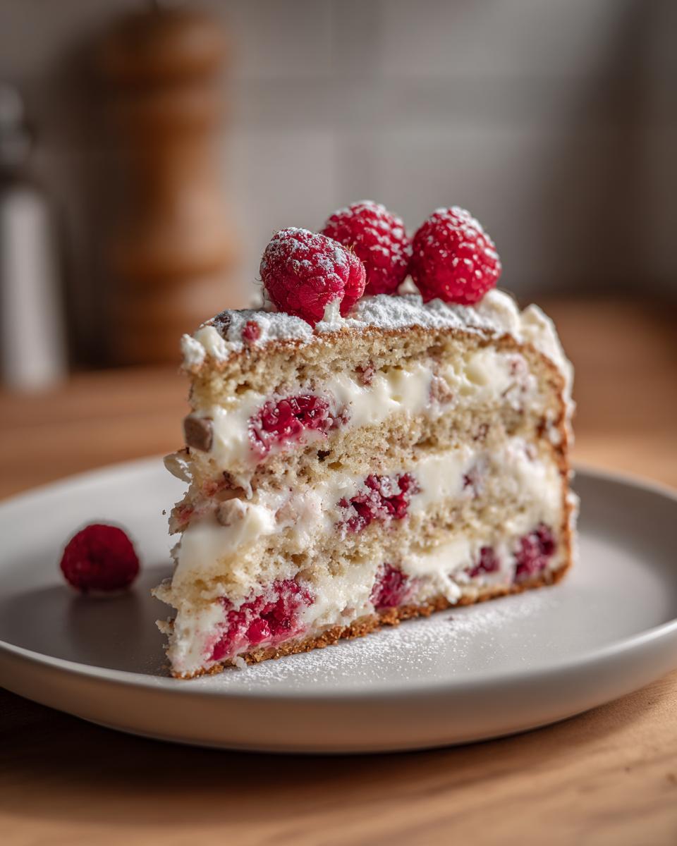 Ein saftiges Stück Traumkuchen mit weißer Schokolade und Himbeeren, garniert mit frischen Himbeeren und Puderzucker.