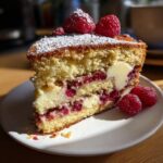 Ein Stück Traumkuchen mit weißer Schokolade und Himbeeren, bestäubt mit Puderzucker und garniert mit frischen Himbeeren.