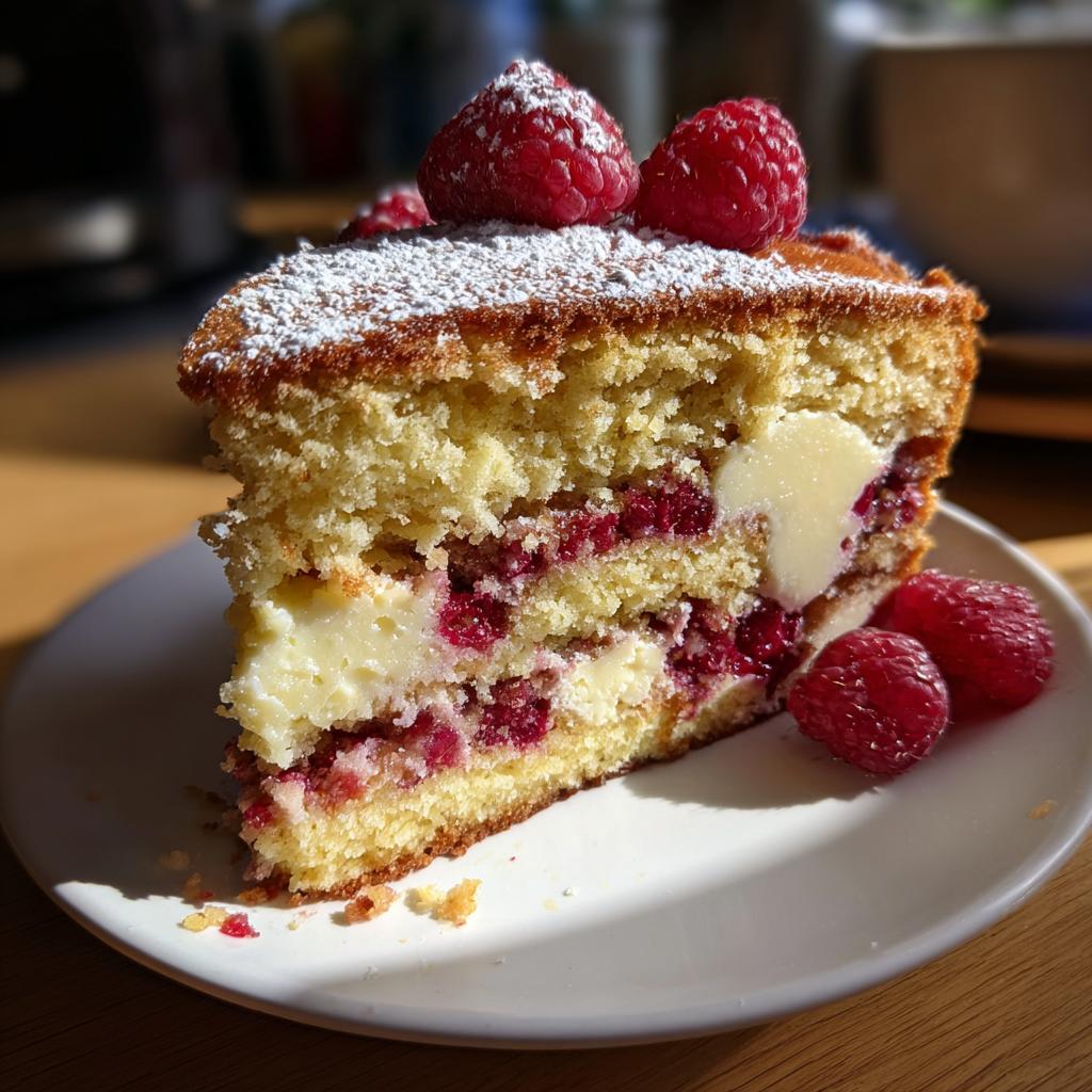 Ein Stück Traumkuchen mit weißer Schokolade und Himbeeren, bestäubt mit Puderzucker und garniert mit frischen Himbeeren.