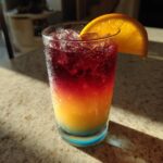 Ein bunter Tropical Sunrise Cocktail mit Mango, Ananas und Grenadine, garniert mit einer Orangenscheibe.