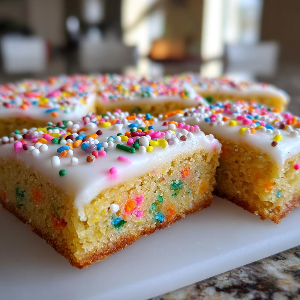 Nahaufnahme von saftigen Weihnachts-Zuckerplätzchenriegeln mit weißer Glasur und bunten Streuseln.