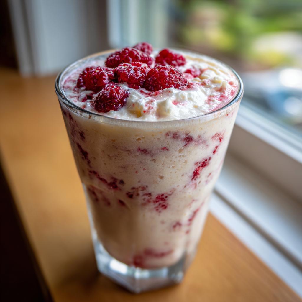 Nahaufnahme eines cremigen Weiße-Schokolade-Milkshake mit Himbeeren, garniert mit frischen Himbeeren und Sahne.