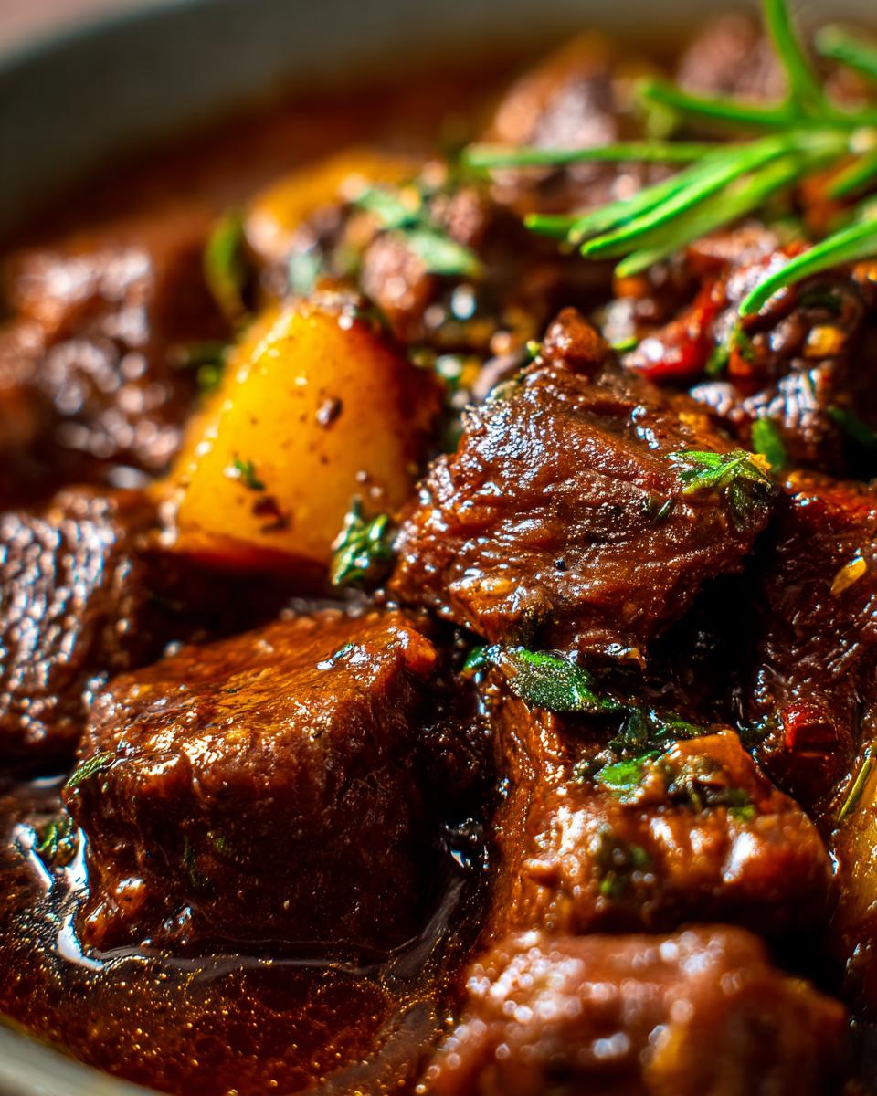 Nahaufnahme von zartem Rinderragout mit weichen Kartoffelstücken, garniert mit frischem Rosmarin.