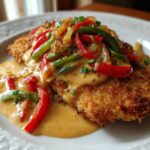 Ein goldbraunes Zigeunerschnitzel mit Paprikarahm und bunten Paprikastreifen, garniert mit Schnittlauch.