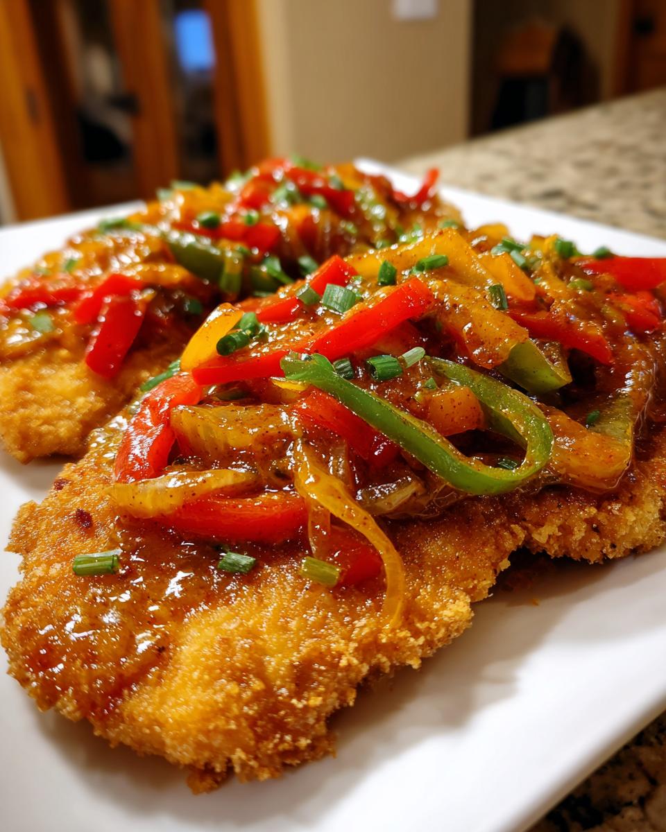 Zigeunerschnitzel mit Paprikarahm, paniertes Schnitzel mit bunter Paprikasoße und Schnittlauch garniert.