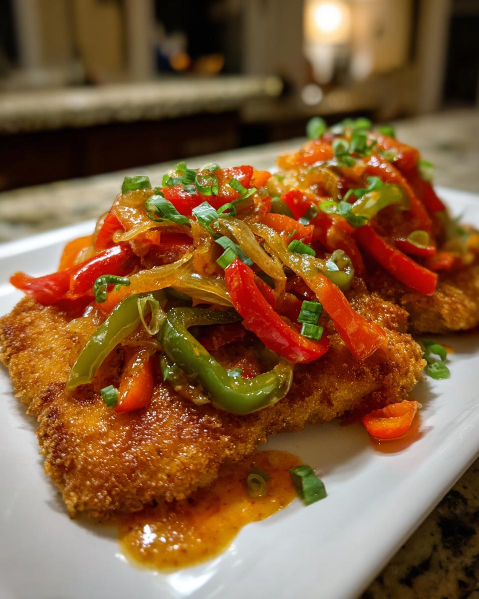 Zwei goldbraun panierte Schnitzel, bedeckt mit einer bunten Paprika-Zwiebel-Sauce und Frühlingszwiebeln.