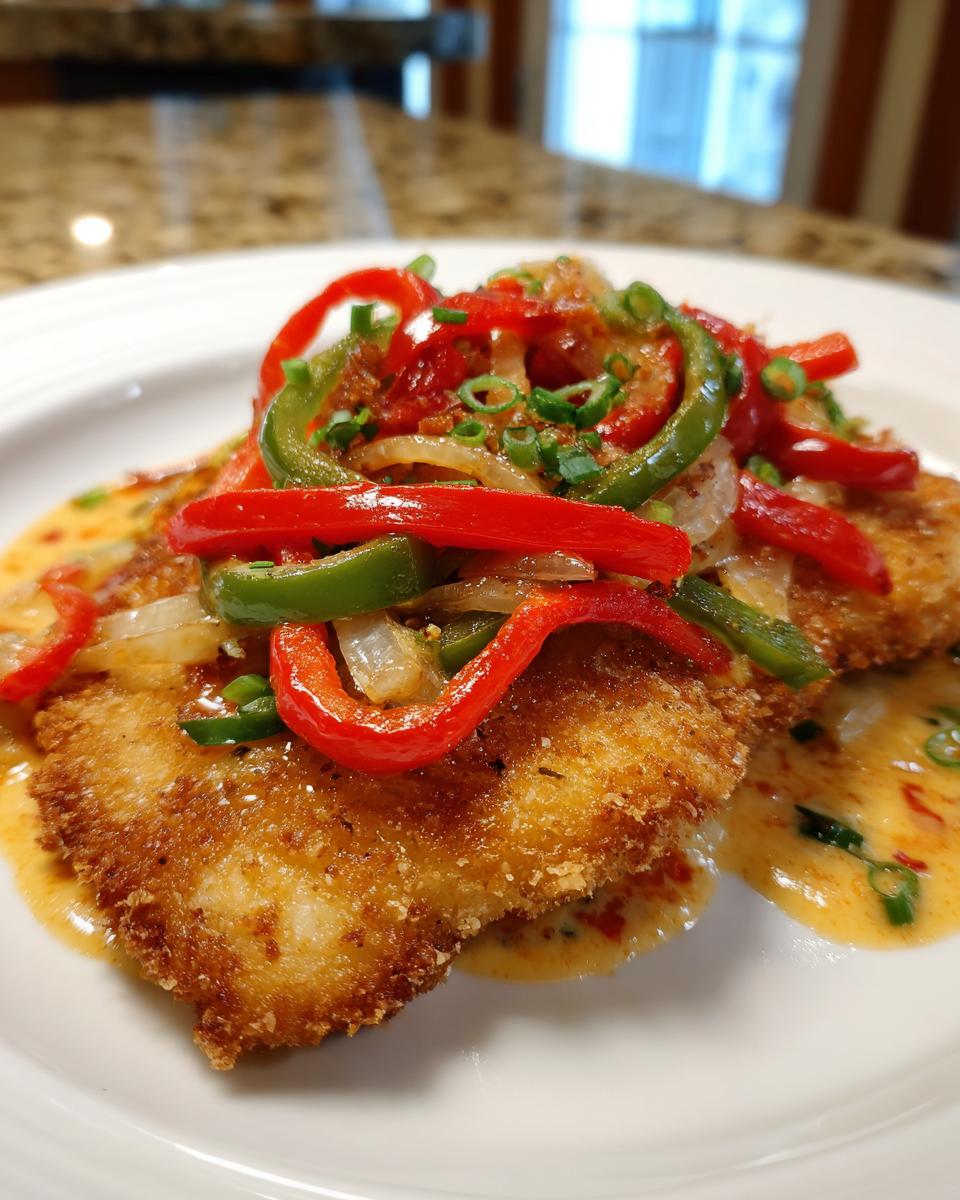 Zwei goldbraun panierte Zigeunerschnitzel mit Paprikarahm und bunten Paprikastreifen.