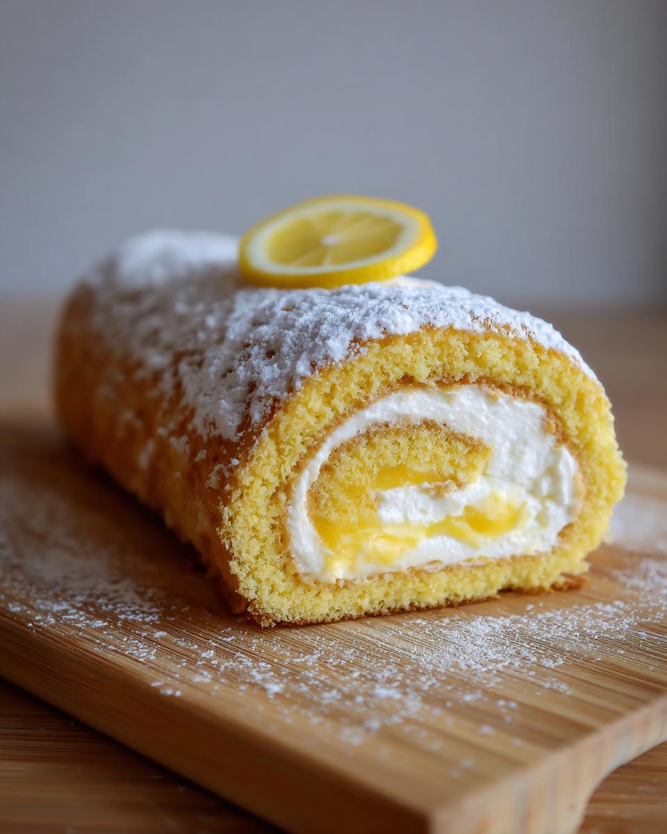 Eine köstliche Zitronen-Biskuitrolle, bestäubt mit Puderzucker und garniert mit einer Zitronenscheibe.
