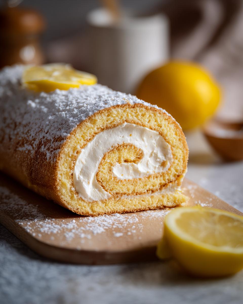 Nahaufnahme einer köstlichen Zitronen-Biskuitrolle, bestäubt mit Puderzucker und garniert mit Zitronenscheiben.