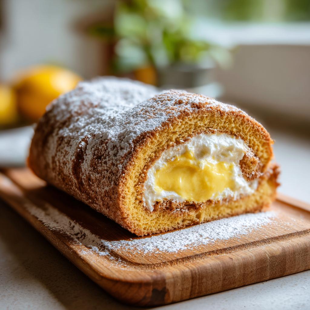 Eine köstliche Zitronen-Biskuitrolle, bestäubt mit Puderzucker, gefüllt mit Sahne und Zitronencreme.
