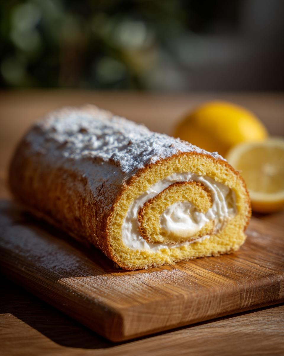 Eine frisch gebackene Zitronen-Biskuitrolle, bestäubt mit Puderzucker, auf einem Holzbrett.
