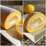 Nahaufnahme einer saftigen Zitronen-Biskuitrolle, bestäubt mit Puderzucker und gefüllt mit Sahne und Zitronenscheiben.