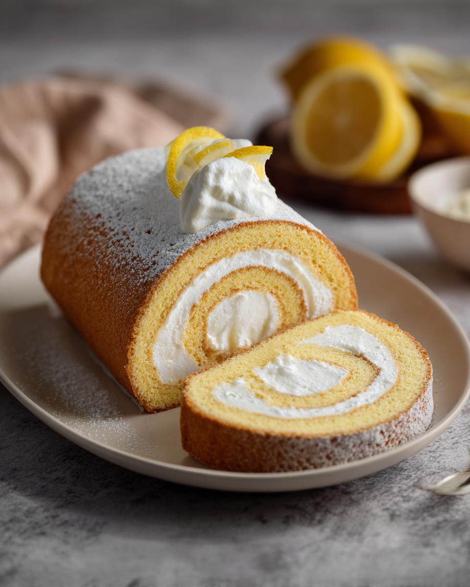 Eine aufgeschnittene Zitronen-Biskuitrolle mit luftiger Sahnefüllung, bestäubt mit Puderzucker und garniert mit Zitronenscheiben.