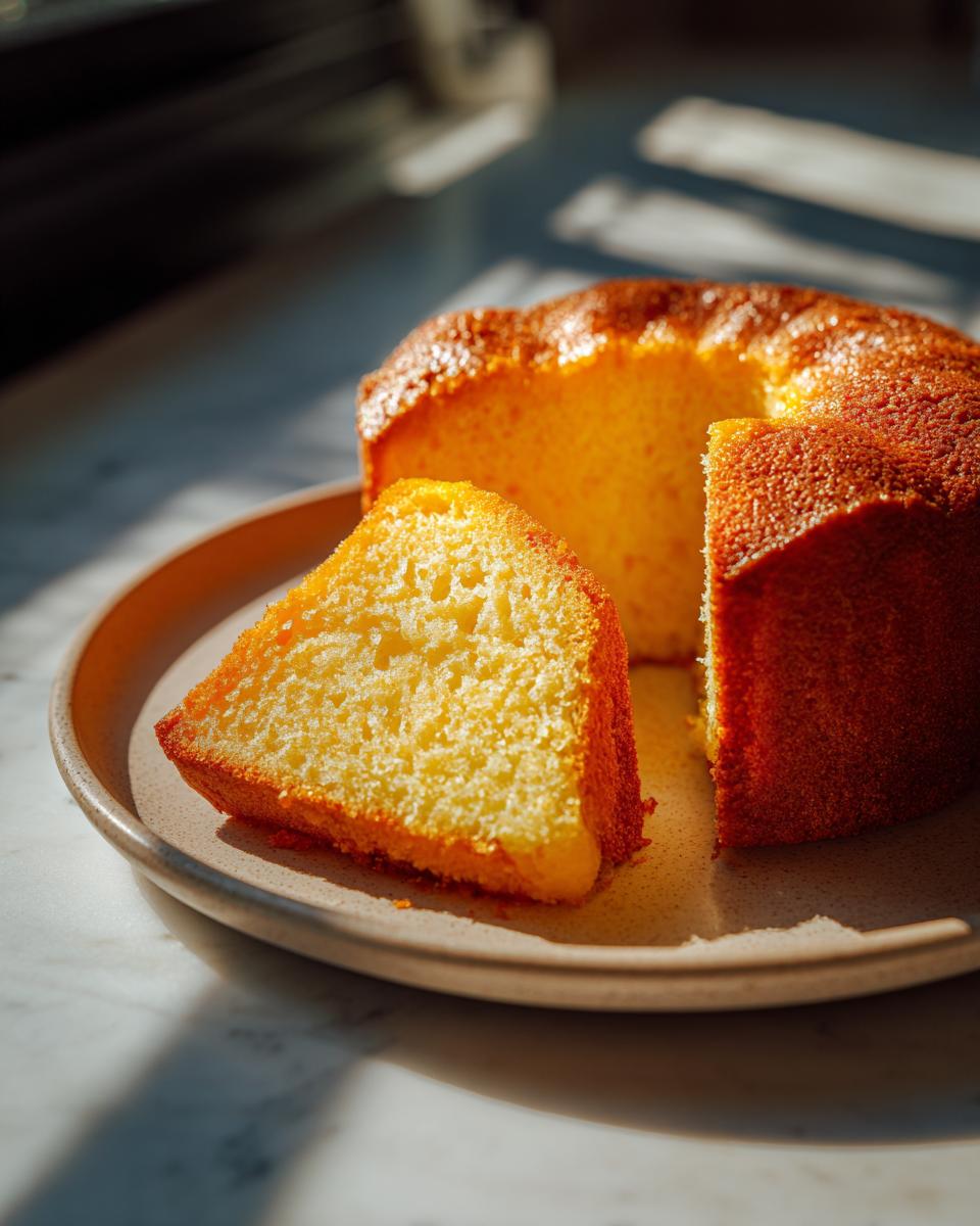 Ein Anschnitt von einem saftigen Zitronen-Joghurt-Kuchen auf einem Teller, der die lockere Krume zeigt.