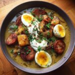 Eine Schüssel Zurek – Polnische Sauermehlsuppe mit Ei & Wurst, garniert mit Sauerrahm und Petersilie.