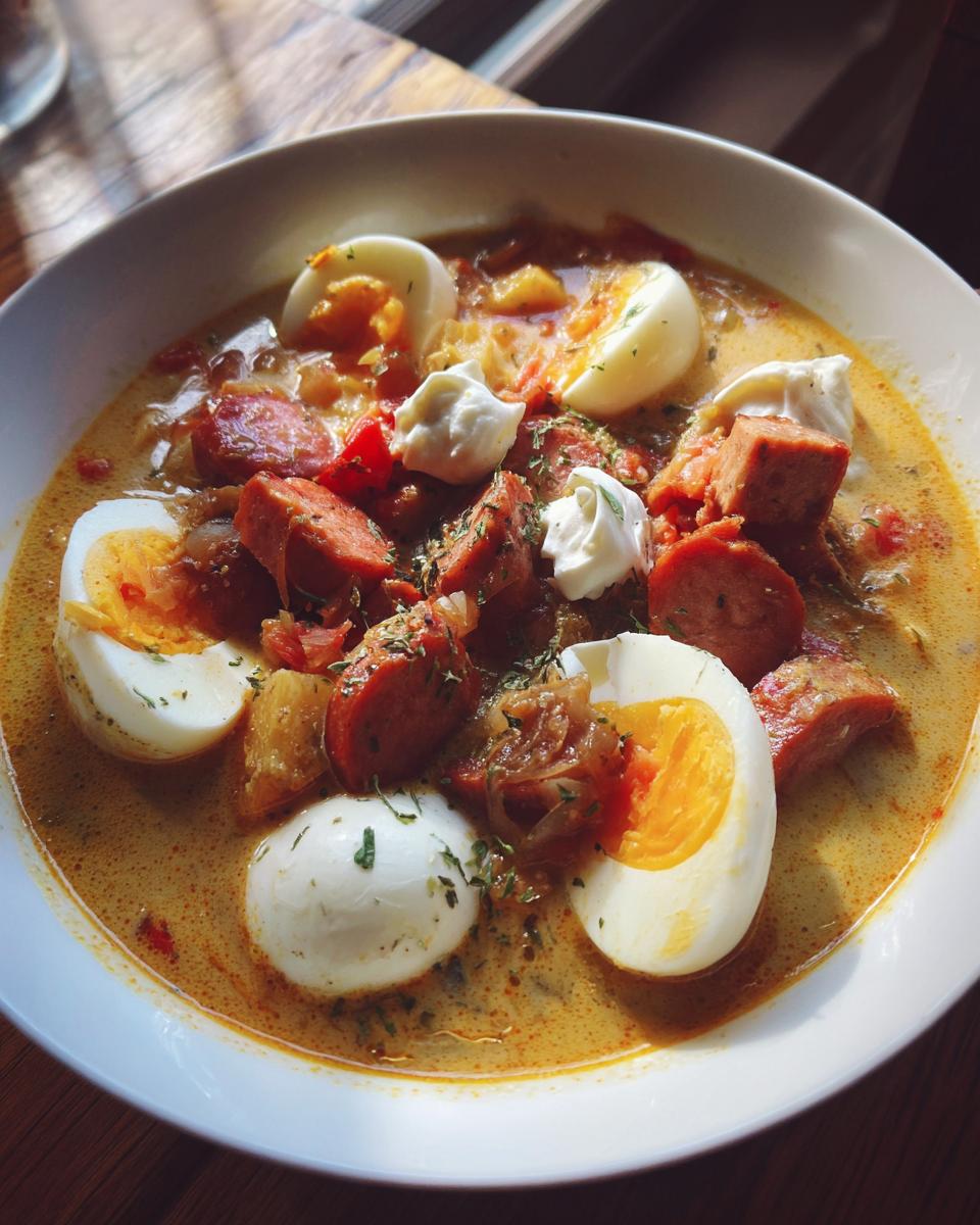 Eine Schüssel Zurek – Polnische Sauermehlsuppe mit Ei & Wurst, garniert mit Kräutern und einem Klecks Sauerrahm.
