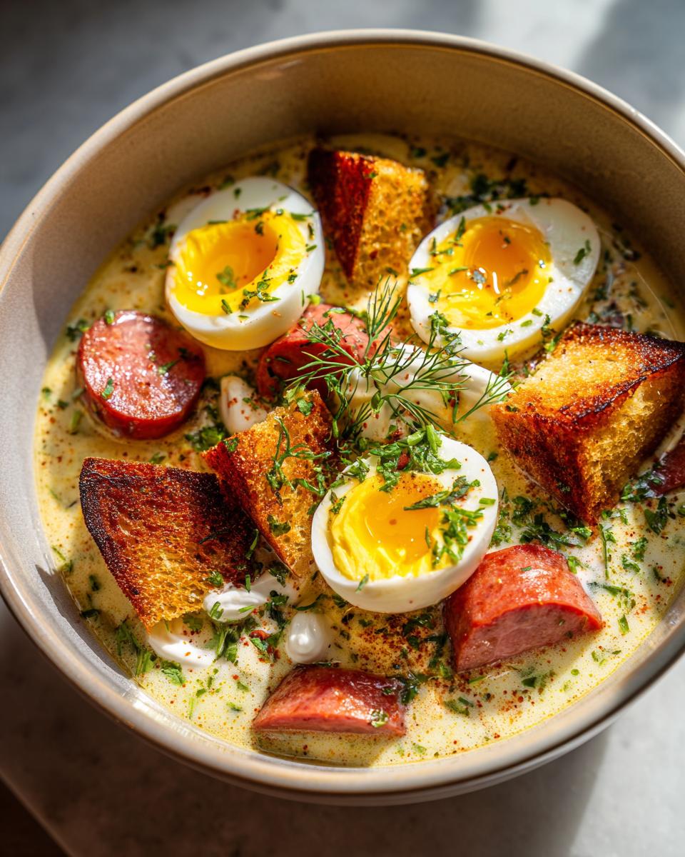 Eine Schüssel Zurek – Polnische Sauermehlsuppe mit Ei & Wurst, garniert mit Dill und Petersilie.