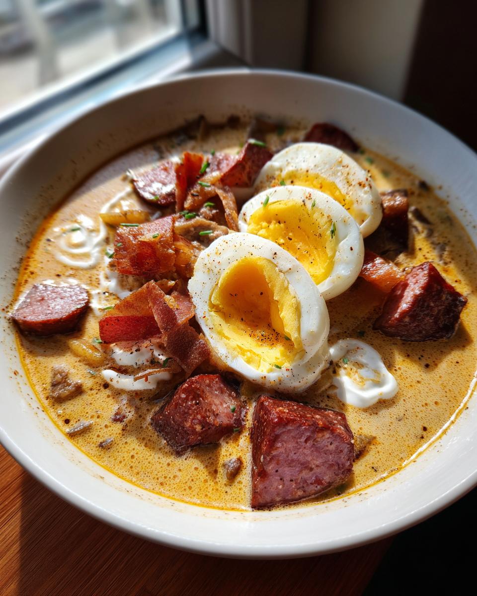 Eine dampfende Schüssel Zurek – Polnische Sauermehlsuppe mit Ei & Wurst, garniert mit hartgekochten Eiern und herzhaften Wurststücken.