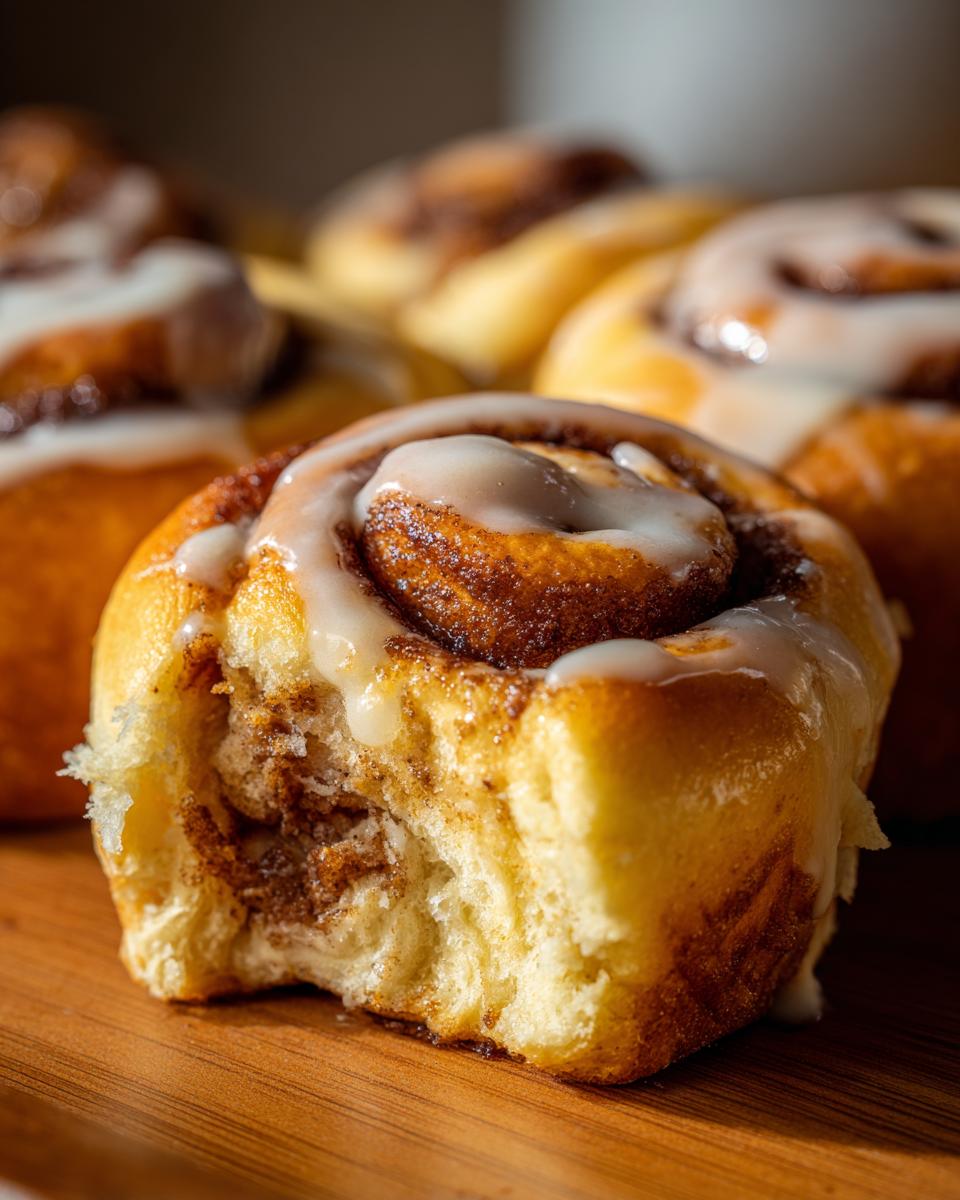 Nahaufnahme eines angeschnittenen Cinnamon Roll Bites mit saftiger Zimtfüllung und cremigem Zuckerguss.