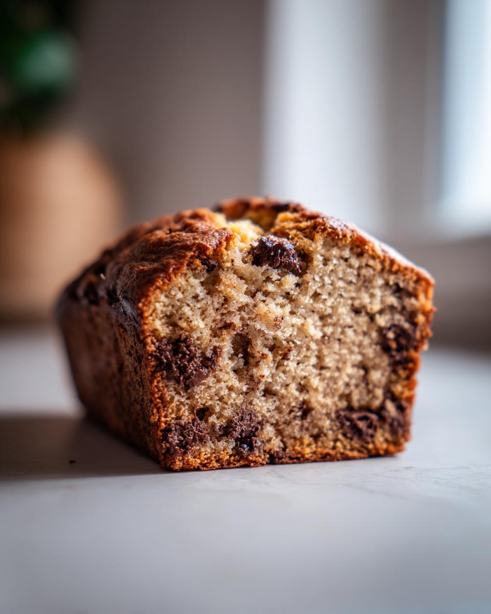 Nahaufnahme des Anschnitts eines saftigen Banana Bread mit Chocolate Chips, das eine lockere Krume zeigt.