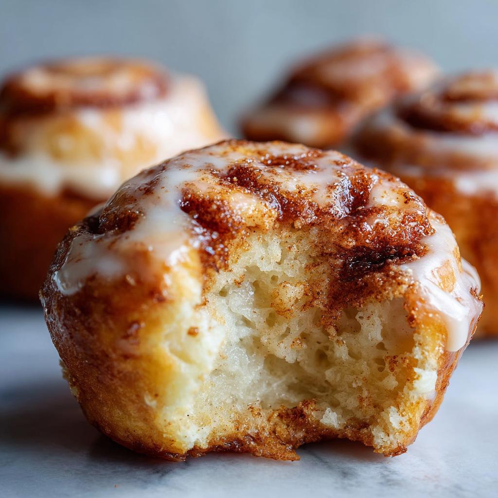 Nahaufnahme eines Cinnamon Roll Bites mit einem Bissen herausgebissen, der den weichen Teig und den Zimt zeigt.
