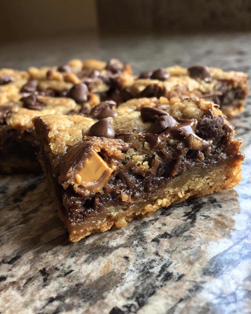 Nahaufnahme eines Anschnitts von saftigen Snickers-Cookie-Bars mit Schokoladenstückchen und Karamell.