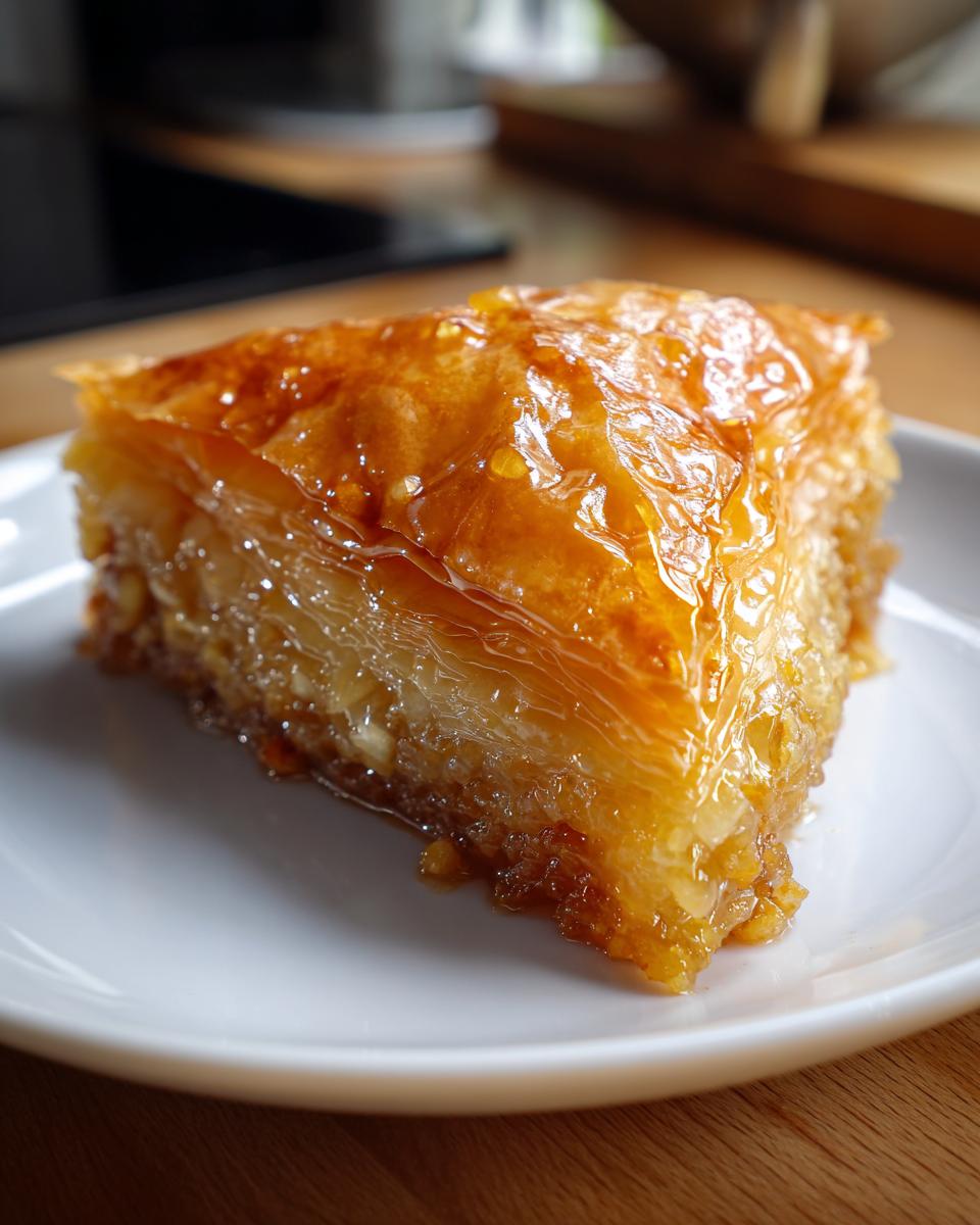 Ein Stück saftiges Baklava mit Walnüssen und Honigsirup auf einem weißen Teller, perfekt für süße Momente.