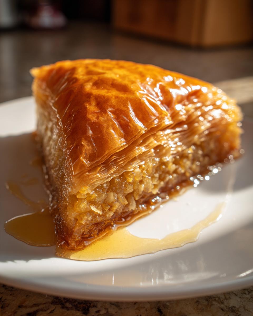 Ein saftiges Stück Baklava mit Walnüssen und Honigsirup auf einem weißen Teller, goldbraun gebacken.