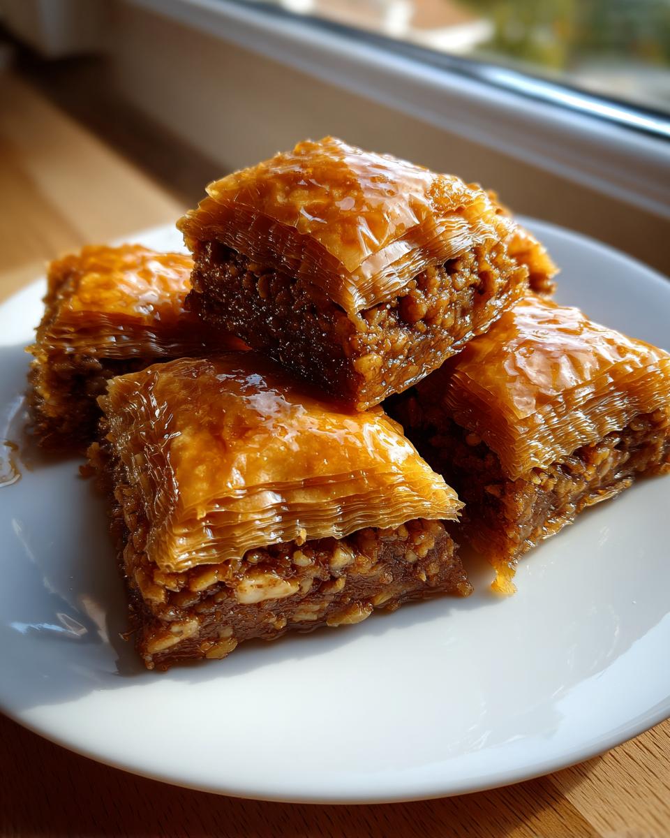 Nahaufnahme von saftigem Baklava mit Walnüssen, übergossen mit Honigsirup, auf einem weißen Teller.