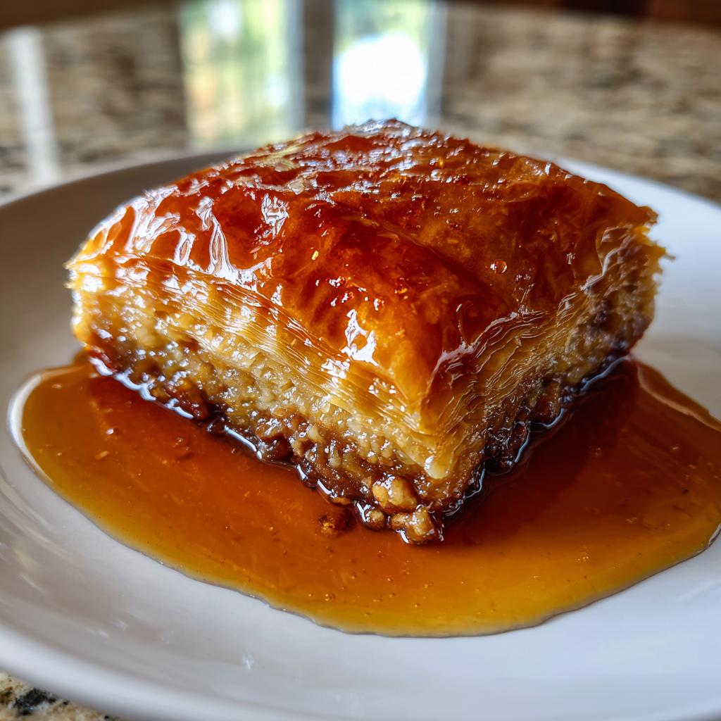 Ein Stück Baklava mit Walnüssen und Honigsirup auf einem Teller, goldbraun gebacken und glänzend.