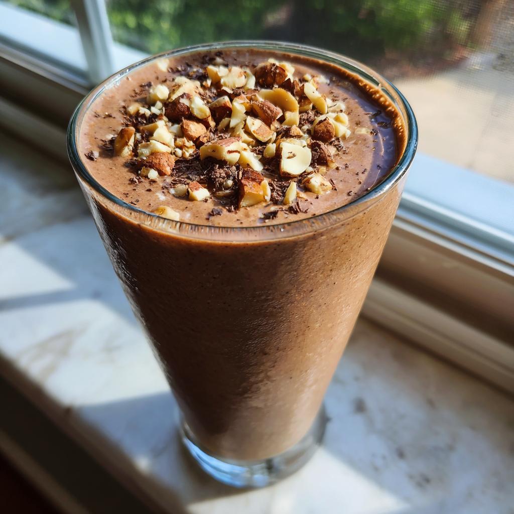Ein Glas Bananen-Split-Smoothie mit Schoko & Nüssen, garniert mit gehackten Nüssen und Schokostückchen.