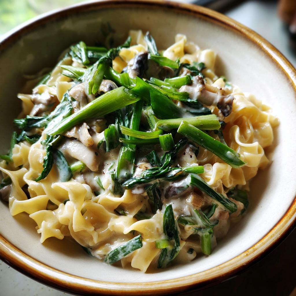 Nahaufnahme von Bandnudeln in Rahmchampignon-Sauce, garniert mit Frühlingszwiebeln.