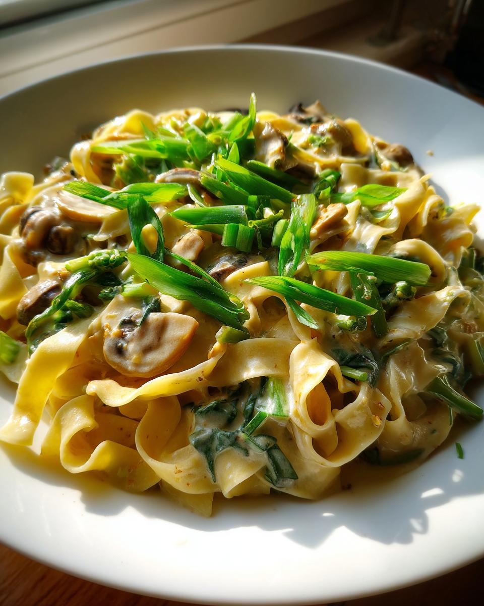 Bandnudeln in Rahmchampignon-Sauce mit Frühlingszwiebeln auf einem Teller, ein cremiges und appetitliches Gericht.