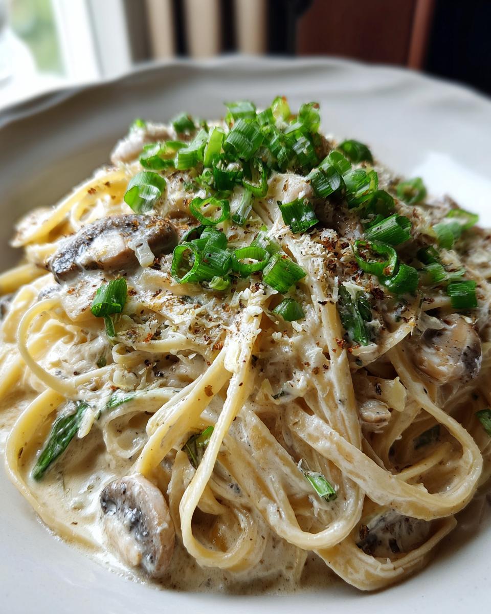 Bandnudeln in Rahmchampignon-Sauce mit Frühlingszwiebeln, garniert mit Parmesan und Kräutern.
