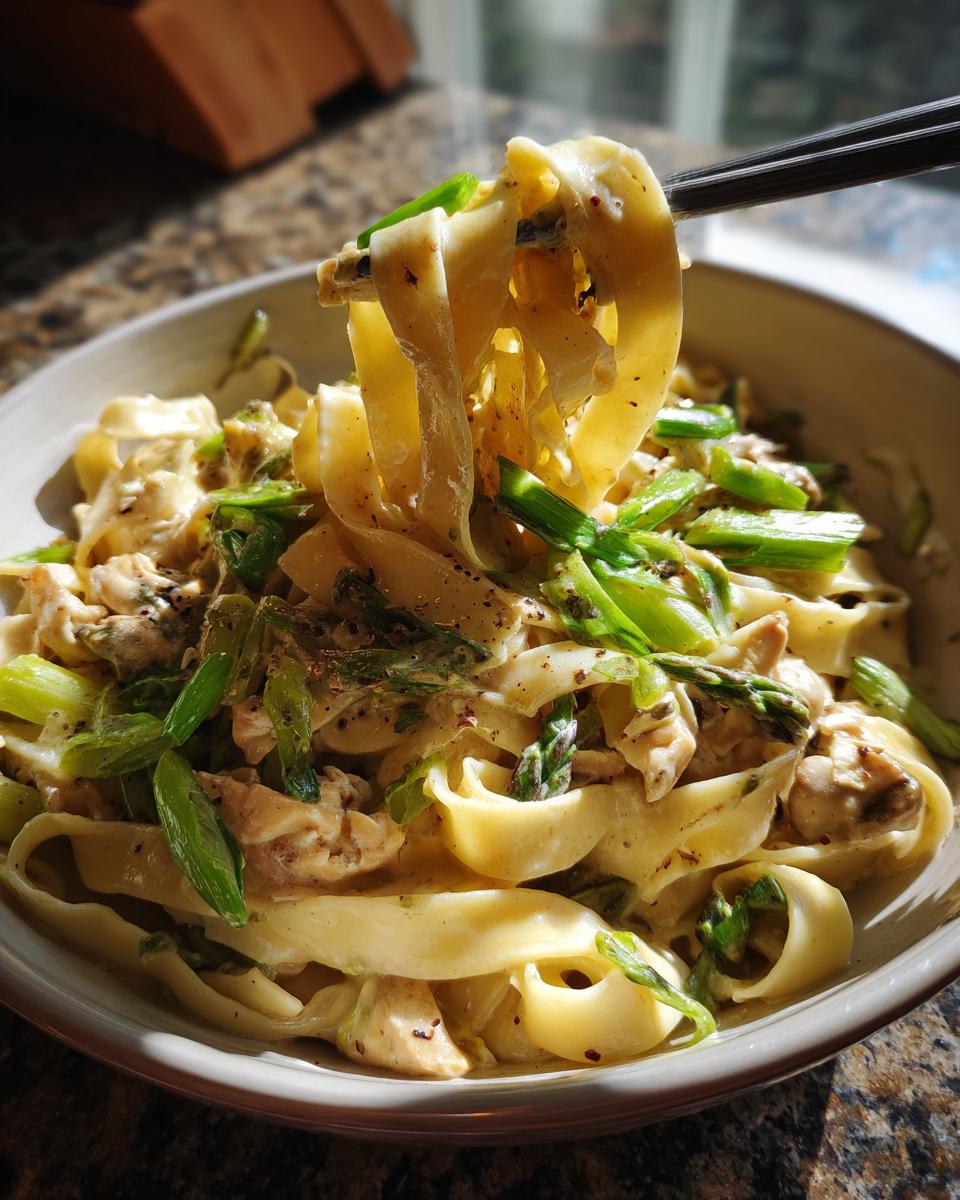 Bandnudeln in Rahmchampignon-Sauce mit Frühlingszwiebeln, serviert in einer Schüssel, mit Stäbchen herausgehoben.