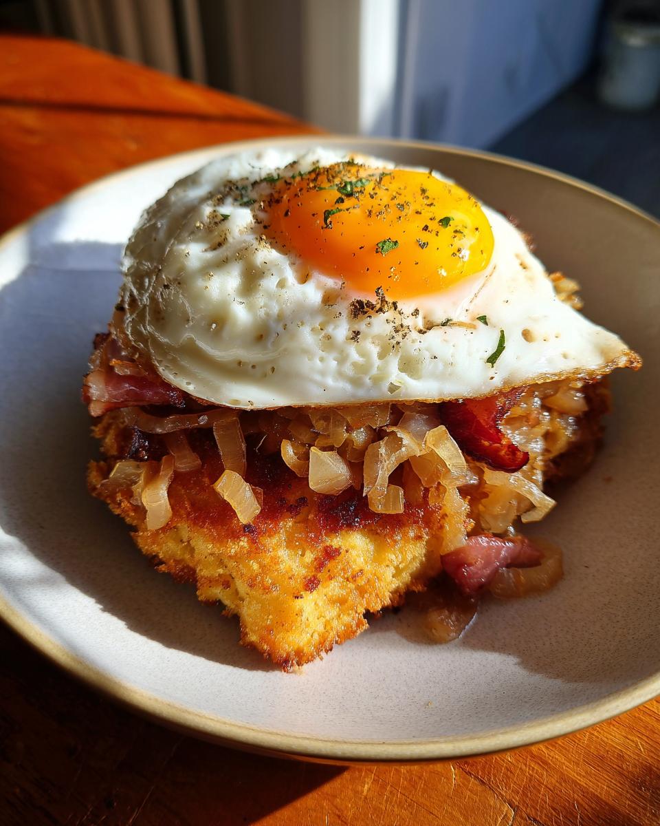 Ein köstliches Bauern-Schnitzel mit Zwiebeln, Speck und einem perfekt gebratenen Spiegelei obendrauf.