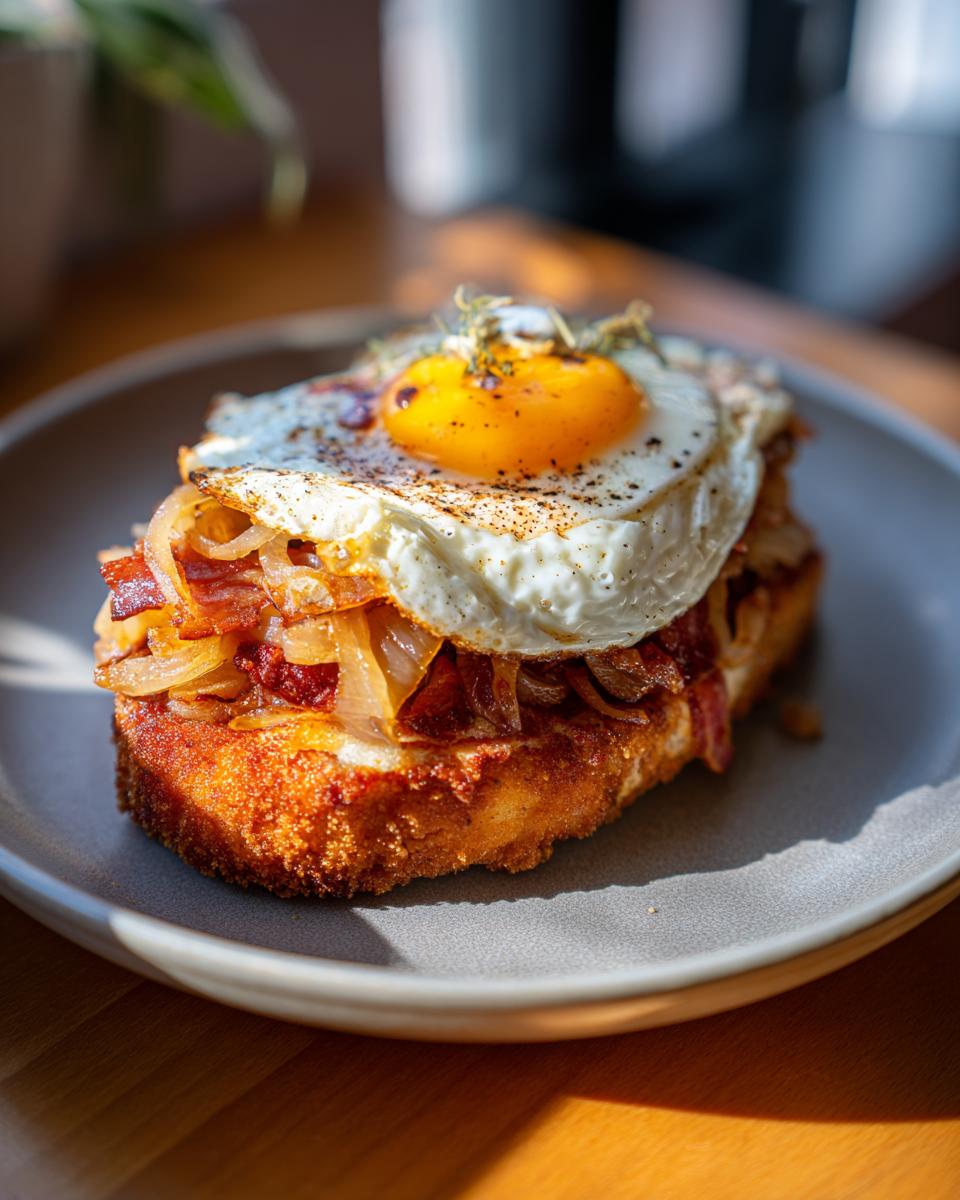 Ein knuspriges Bauern-Schnitzel mit Zwiebeln, Speck und einem perfekt gebratenen Spiegelei obendrauf.