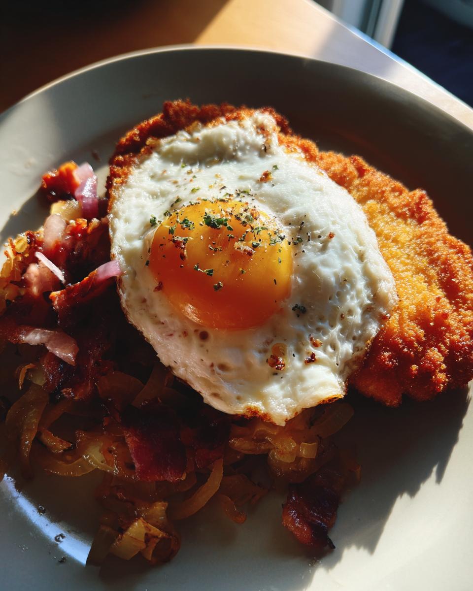 Ein knuspriges Bauern-Schnitzel mit Zwiebeln, Speck und einem perfekt gebratenen Spiegelei obendrauf.