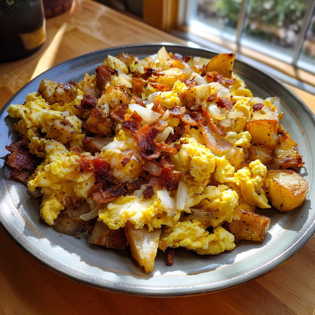 Teller mit herzhaftem Bauernfrühstück mit Speck und Zwiebeln, Rührei und Bratkartoffeln.