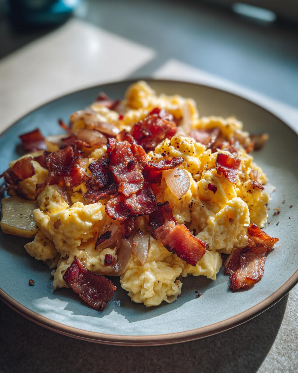 Teller mit cremigem Rührei, garniert mit knusprigem Speck und gebratenen Zwiebeln – ein klassisches Bauernfrühstück.
