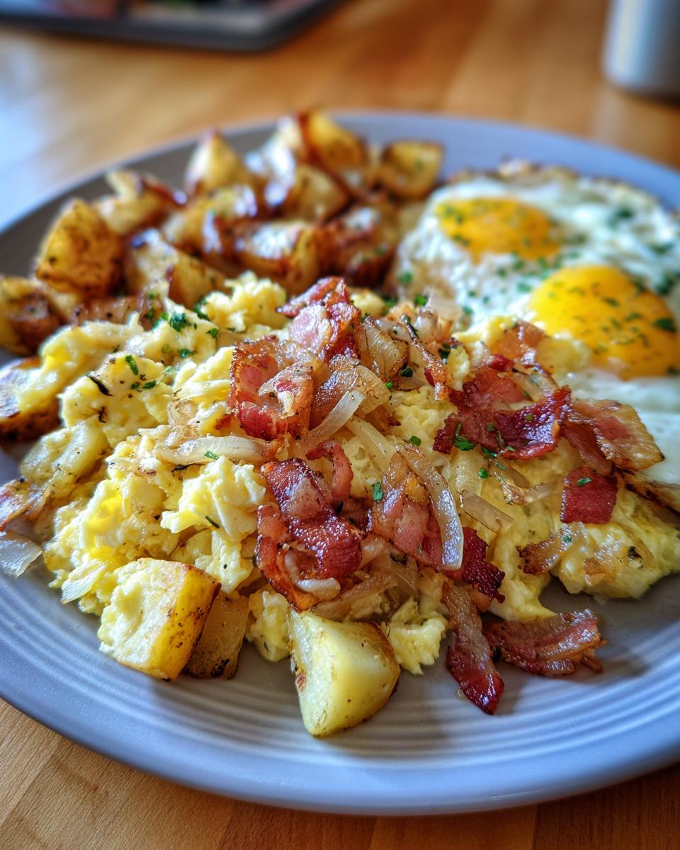 Ein Teller mit herzhaftem Bauernfrühstück mit Speck und Zwiebeln, Rührei und Bratkartoffeln.