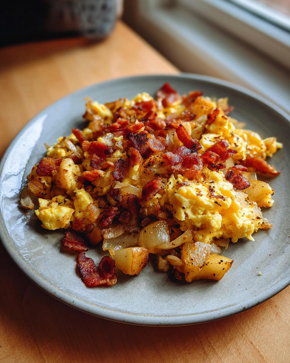 Ein Teller mit herzhaftem Bauernfrühstück mit Speck und Zwiebeln, goldgelben Rühreiern und Kartoffelwürfeln.
