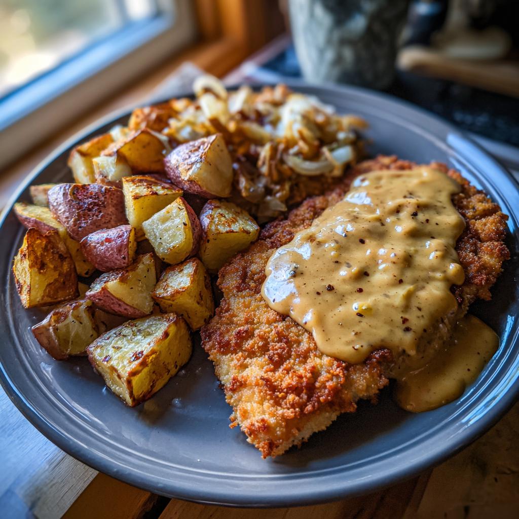 Ein knuspriges Bierschnitzel mit cremiger Malzbiersauce und goldbraunen Röstkartoffeln auf einem Teller.