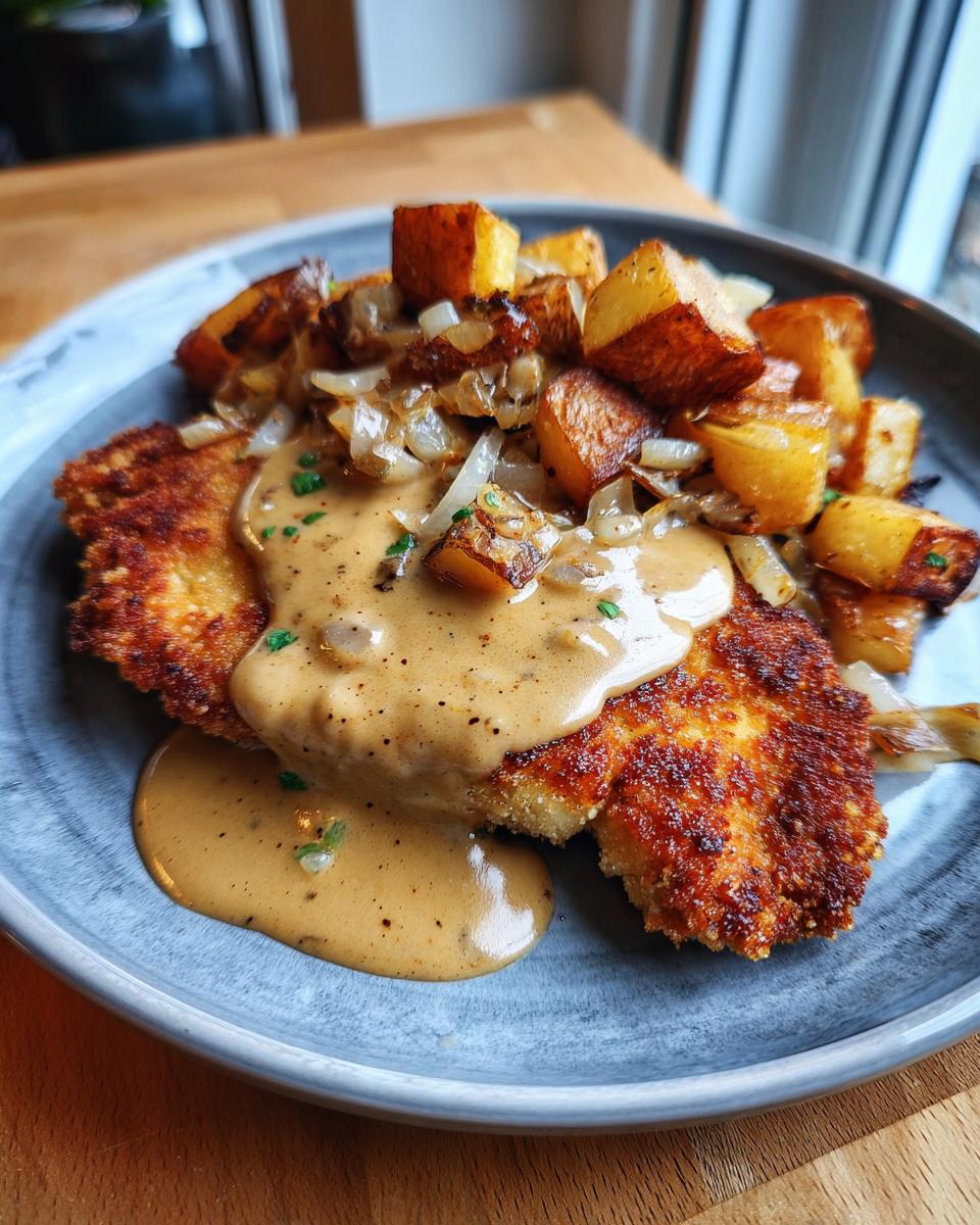 Ein knuspriges Bierschnitzel mit Malzbiersauce und goldbraunen Röstkartoffeln auf einem Teller.